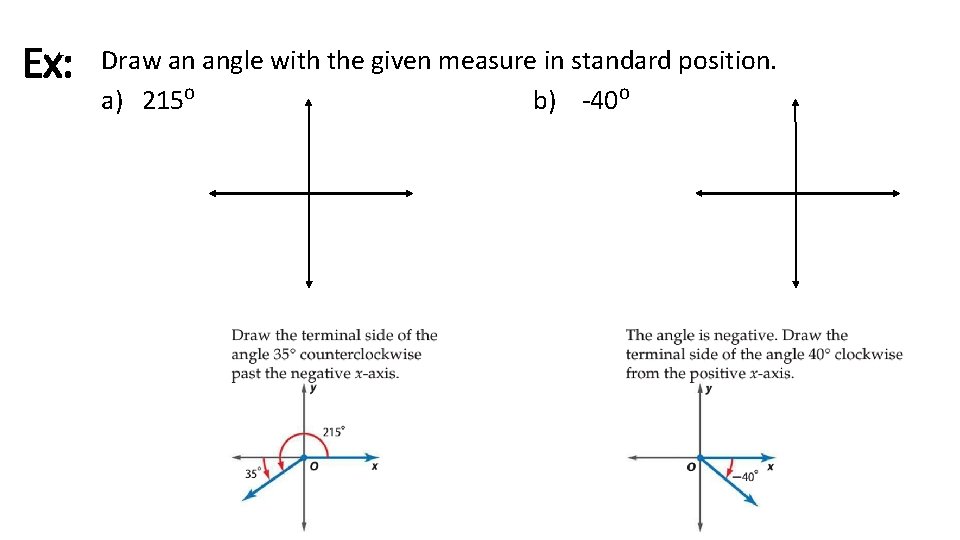 Ex: Draw an angle with the given measure in standard position. a) 215⁰ b)