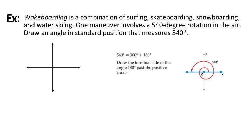 Ex: Wakeboarding is a combination of surfing, skateboarding, snowboarding, and water skiing. One maneuver
