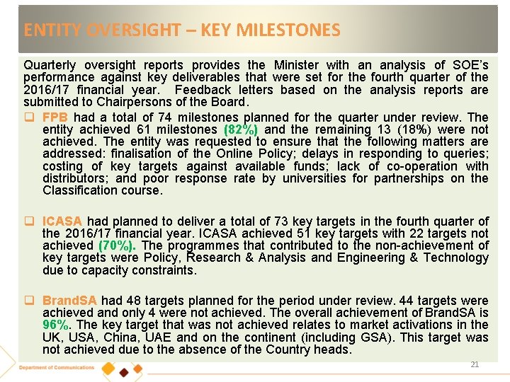 ENTITY OVERSIGHT – KEY MILESTONES Quarterly oversight reports provides the Minister with an analysis