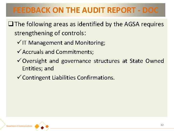 FEEDBACK ON THE AUDIT REPORT - DOC q The following areas as identified by