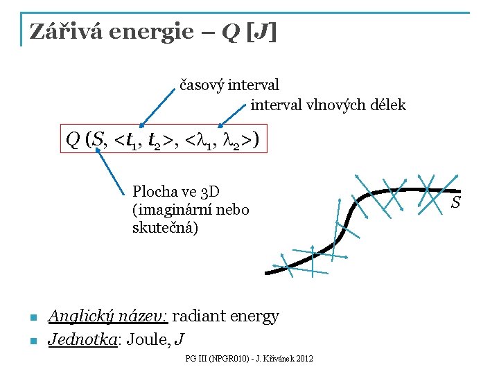 Zářivá energie – Q [J] časový interval vlnových délek Q (S, <t 1, t