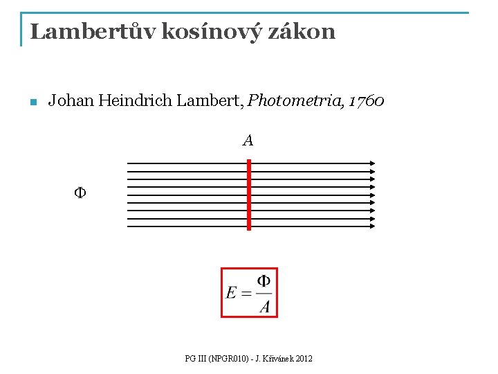 Lambertův kosínový zákon n Johan Heindrich Lambert, Photometria, 1760 A F PG III (NPGR