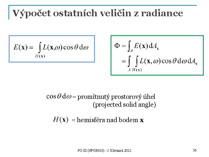 Výpočet ostatních veličin z radiance = promítnutý prostorový úhel (projected solid angle) = hemisféra