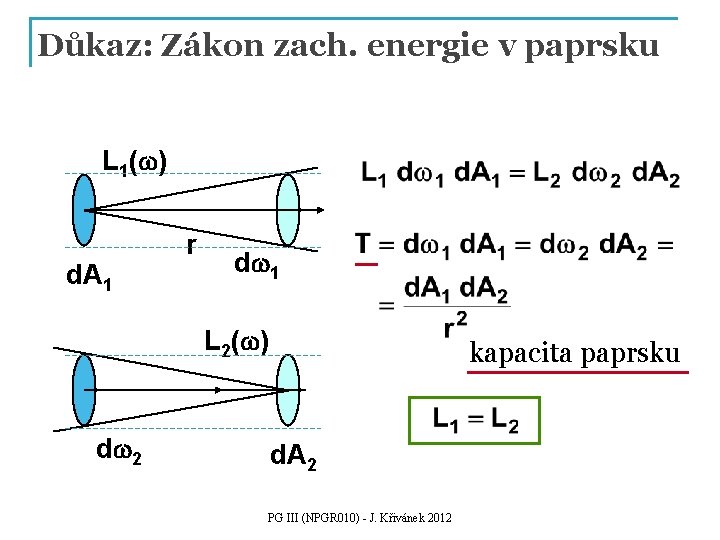 Důkaz: Zákon zach. energie v paprsku L 1(w) d. A 1 r dw 1