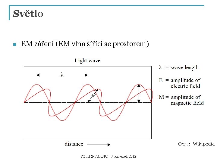 Světlo n EM záření (EM vlna šířící se prostorem) Obr. : Wikipedia PG III