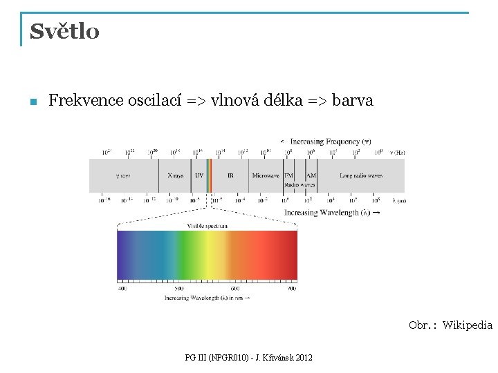Světlo n Frekvence oscilací => vlnová délka => barva Obr. : Wikipedia PG III