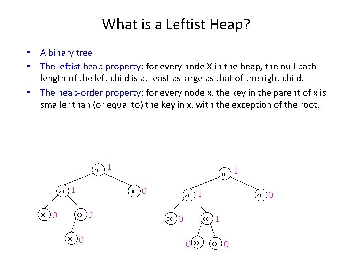 What is a Leftist Heap? • A binary tree • The leftist heap property: