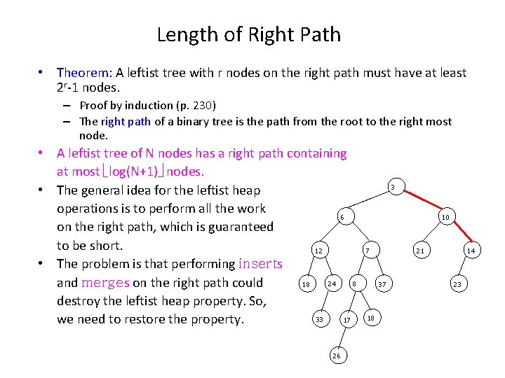 Length of Right Path • Theorem: A leftist tree with r nodes on the