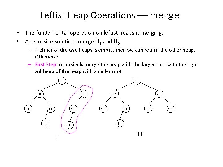 Leftist Heap Operations merge • The fundamental operation on leftist heaps is merging. •