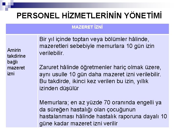 PERSONEL HİZMETLERİNİN YÖNETİMİ MAZERET İZNİ Amirin takdirine bağlı mazeret izni Bir yıl içinde toptan