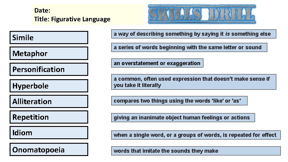 Date: Title: Figurative Language Simile Metaphor Personification a way of describing something by saying