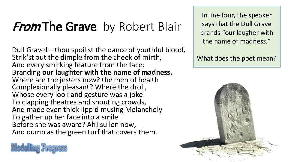 From The Grave by Robert Blair Dull Grave!—thou spoil'st the dance of youthful blood,