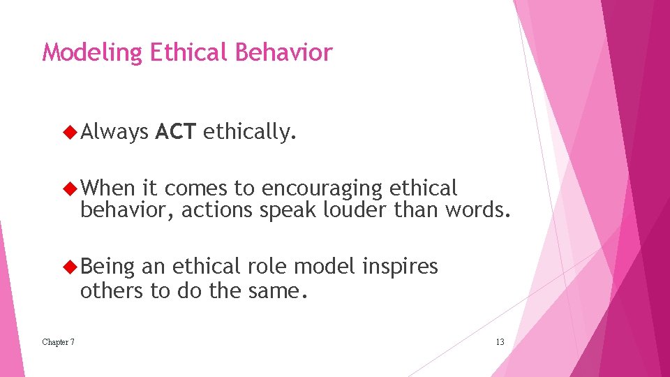 Modeling Ethical Behavior Always ACT ethically. When it comes to encouraging ethical behavior, actions