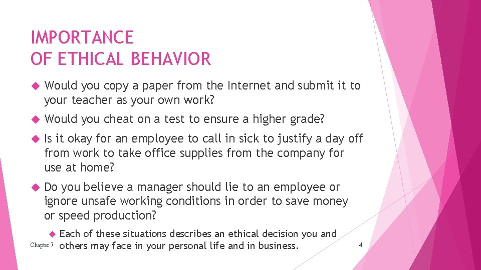 IMPORTANCE OF ETHICAL BEHAVIOR Would you copy a paper from the Internet and submit