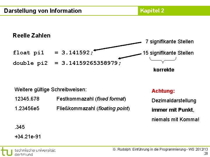 Kapitel 2 Darstellung von Information Reelle Zahlen 7 signifikante Stellen float pi 1 =