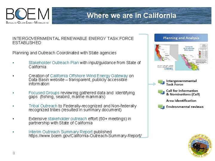 Where we are in California INTERGOVERNMENTAL RENEWABLE ENERGY TASK FORCE ESTABLISHED Planning and Outreach