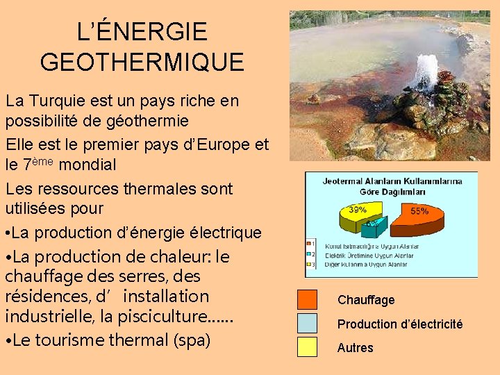 L’ÉNERGIE GEOTHERMIQUE La Turquie est un pays riche en possibilité de géothermie Elle est