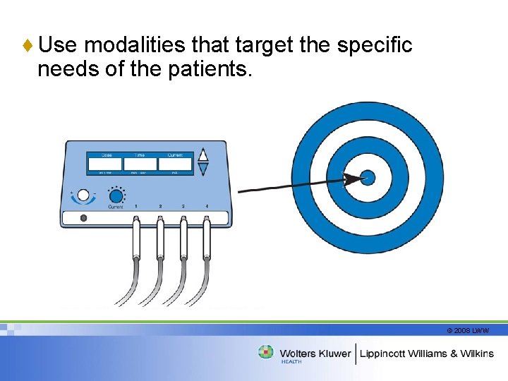 ♦ Use modalities that target the specific needs of the patients. © 2008 LWW