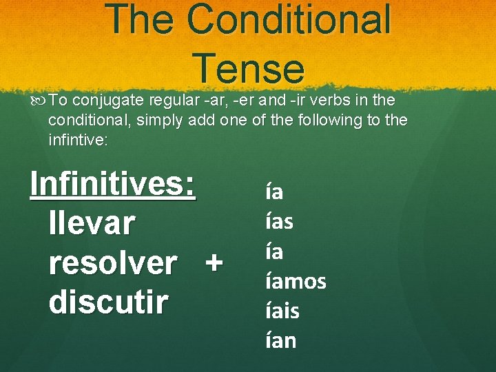 The Conditional Tense To conjugate regular -ar, -er and -ir verbs in the conditional,