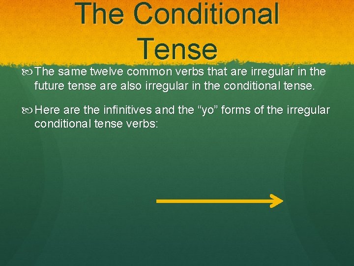 The Conditional Tense The same twelve common verbs that are irregular in the future