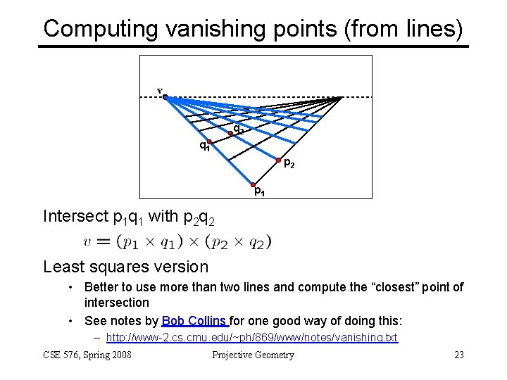 Computing vanishing points (from lines) v q 2 q 1 p 2 p 1