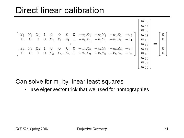 Direct linear calibration Can solve for mij by linear least squares • use eigenvector