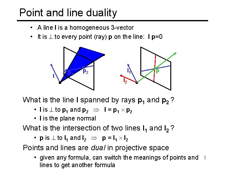 Point and line duality • A line l is a homogeneous 3 -vector •