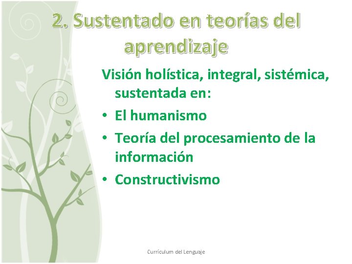 2. Sustentado en teorías del aprendizaje Visión holística, integral, sistémica, sustentada en: • El