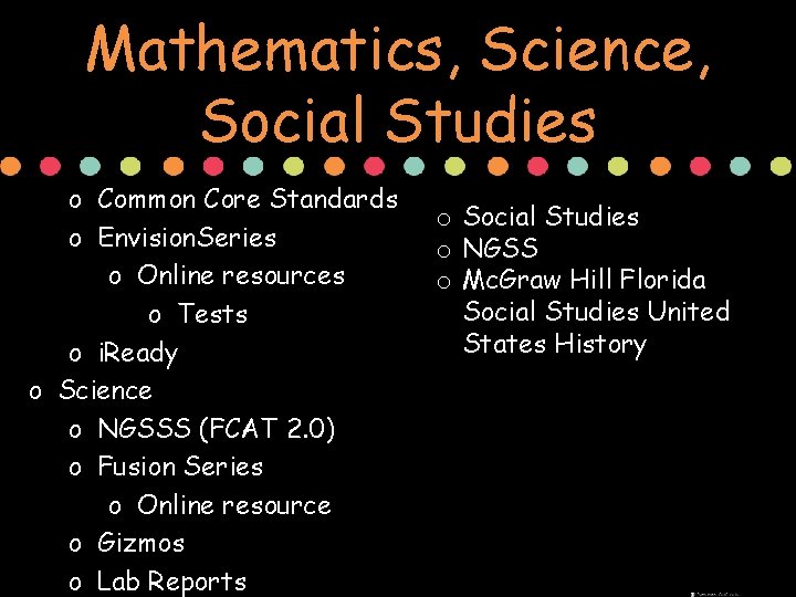 Mathematics, Science, Social Studies o Common Core Standards o Envision. Series o Online resources