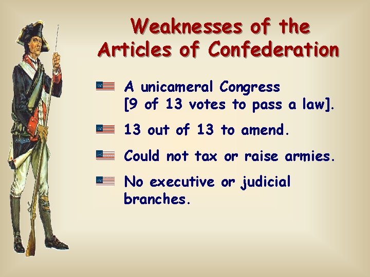 Weaknesses of the Articles of Confederation A unicameral Congress [9 of 13 votes to