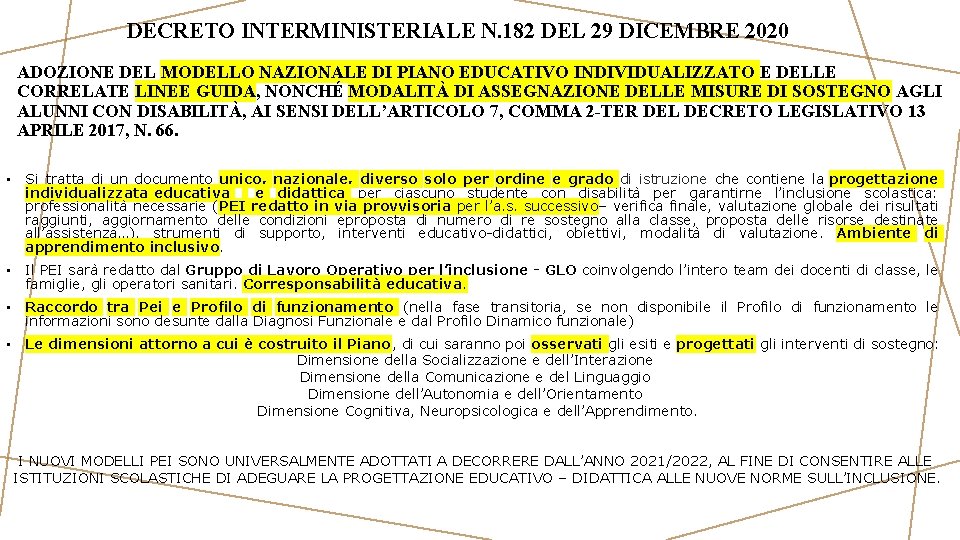 DECRETO INTERMINISTERIALE N. 182 DEL 29 DICEMBRE 2020 ADOZIONE DEL MODELLO NAZIONALE DI PIANO