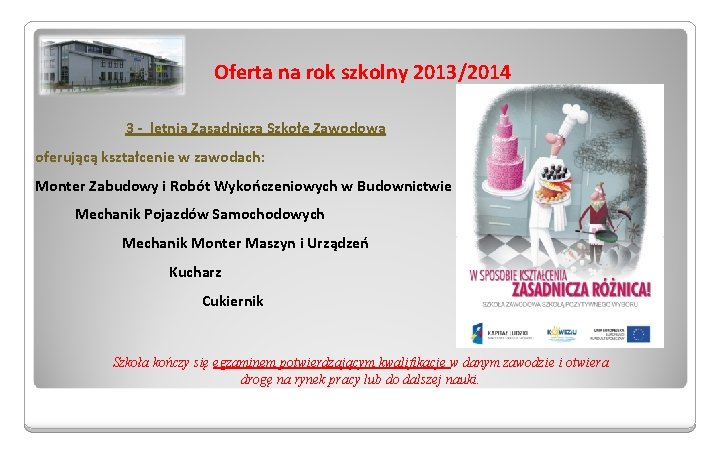 Oferta na rok szkolny 2013/2014 3 - letnią Zasadniczą Szkołę Zawodową oferującą kształcenie w