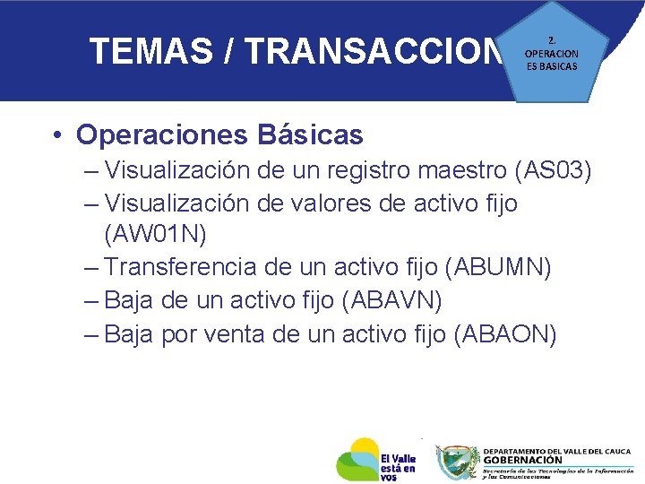 TEMAS / TRANSACCIONES 2. OPERACION ES BASICAS • Operaciones Básicas – Visualización de un