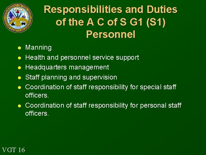 Responsibilities and Duties of the A C of S G 1 (S 1) Personnel