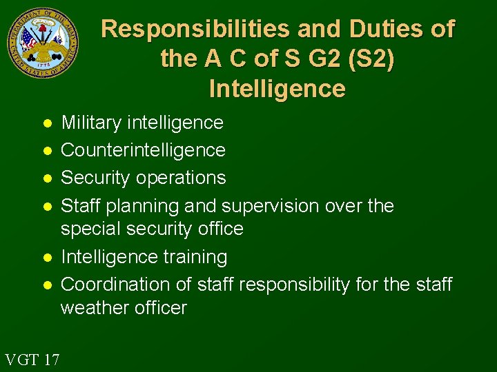 Responsibilities and Duties of the A C of S G 2 (S 2) Intelligence