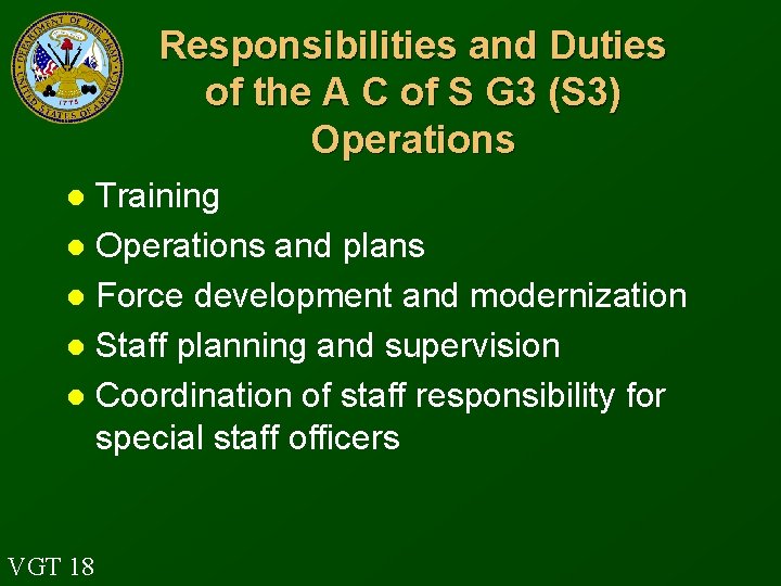 Responsibilities and Duties of the A C of S G 3 (S 3) Operations