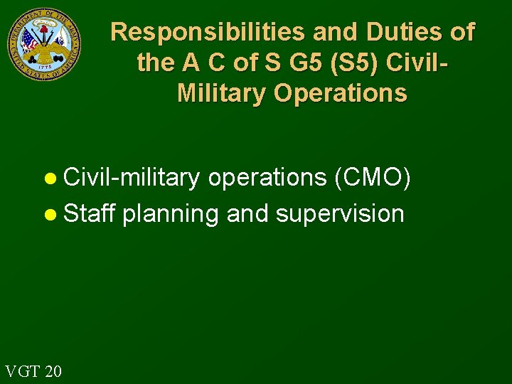 Responsibilities and Duties of the A C of S G 5 (S 5) Civil.