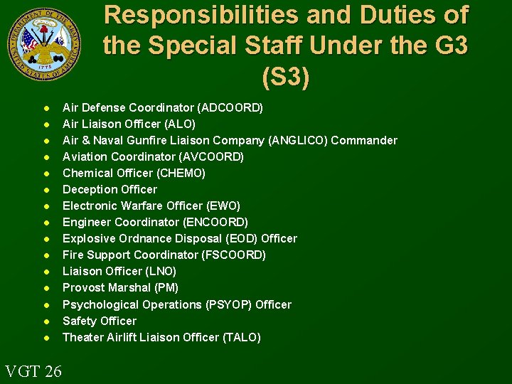 Responsibilities and Duties of the Special Staff Under the G 3 (S 3) l