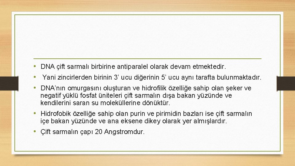  • DNA çift sarmalı birbirine antiparalel olarak devam etmektedir. • Yani zincirlerden birinin