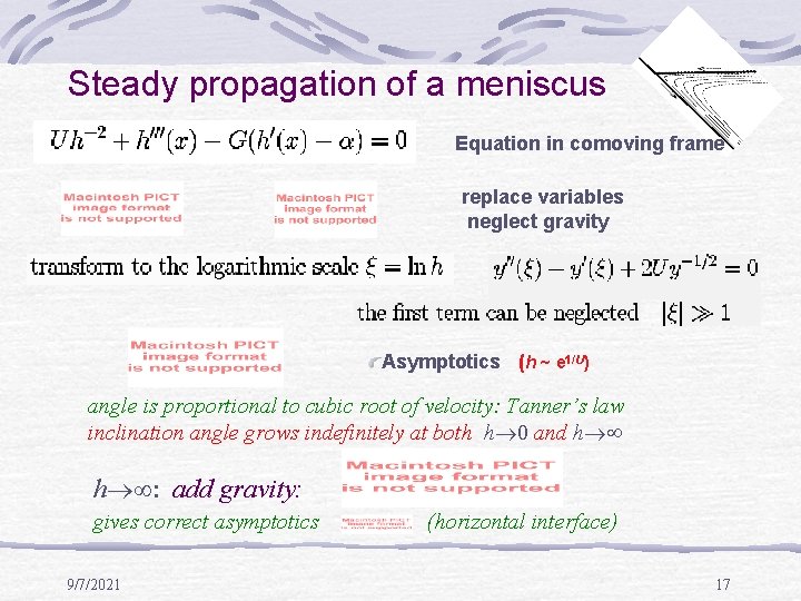 Steady propagation of a meniscus Equation in comoving frame replace variables neglect gravity Asymptotics