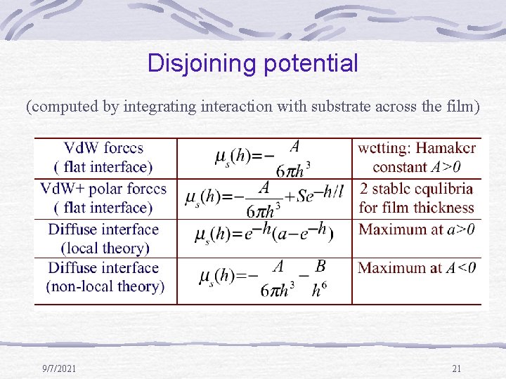 Disjoining potential (computed by integrating interaction with substrate across the film) 9/7/2021 21 