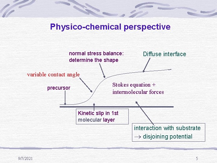 Physico-chemical perspective normal stress balance: determine the shape Diffuse interface variable contact angle precursor