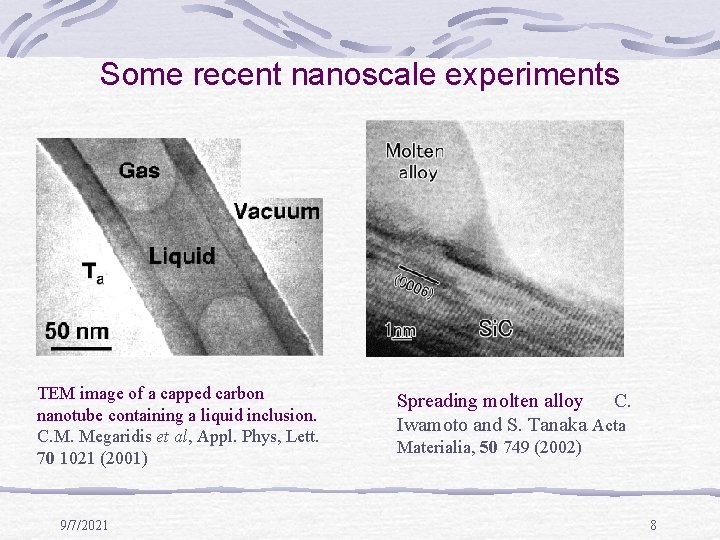 Some recent nanoscale experiments TEM image of a capped carbon nanotube containing a liquid