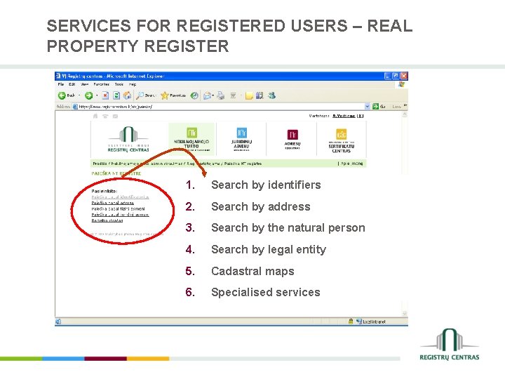 SERVICES FOR REGISTERED USERS – REAL PROPERTY REGISTER 1. Search by identifiers 2. Search