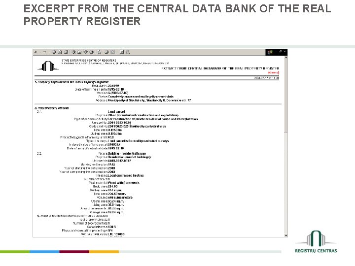 EXCERPT FROM THE CENTRAL DATA BANK OF THE REAL PROPERTY REGISTER 