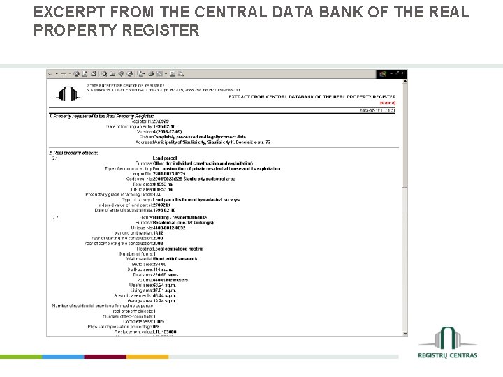 EXCERPT FROM THE CENTRAL DATA BANK OF THE REAL PROPERTY REGISTER 
