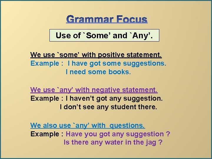 Use of `Some’ and `Any’. We use `some’ with positive statement. Example : I Use of `Some’ and `Any’. We use `some’ with positive statement. Example : I