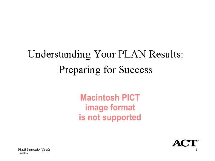 Understanding Your PLAN Results: Preparing for Success PLAN Interpretive Visuals 12/2006 1 