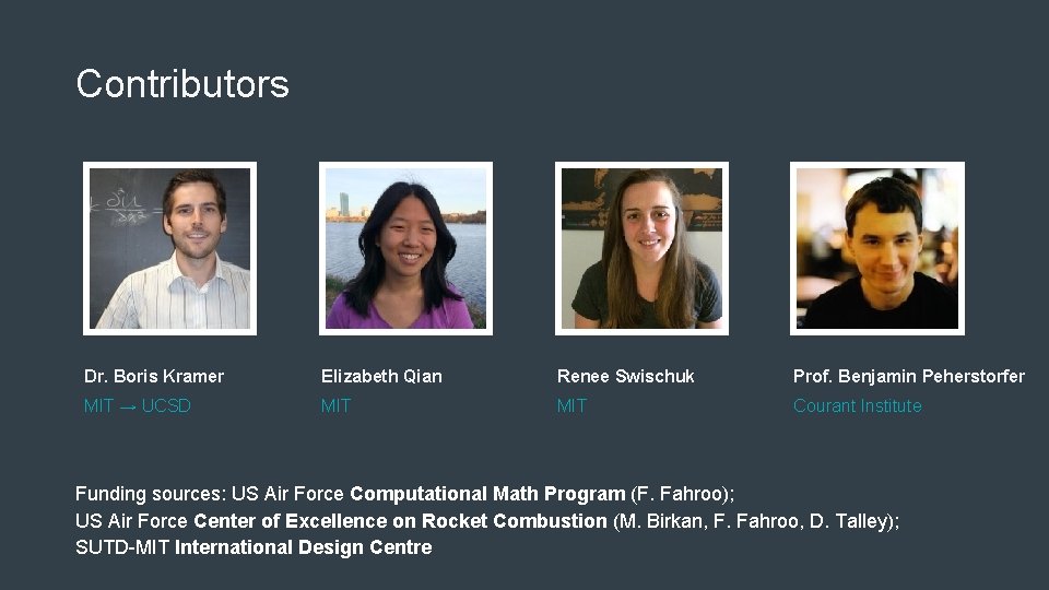 Contributors Dr. Boris Kramer Elizabeth Qian Renee Swischuk Prof. Benjamin Peherstorfer MIT → UCSD Contributors Dr. Boris Kramer Elizabeth Qian Renee Swischuk Prof. Benjamin Peherstorfer MIT → UCSD