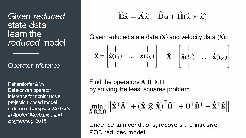 Given reduced state data, learn the reduced model Operator Inference Peherstorfer & W. Data-driven Given reduced state data, learn the reduced model Operator Inference Peherstorfer & W. Data-driven